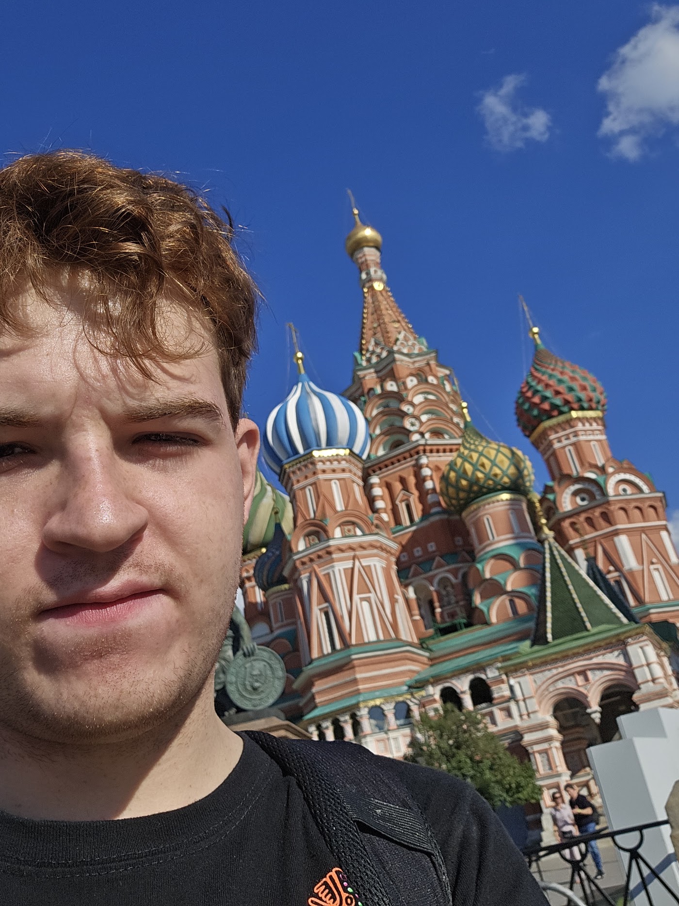 In front of colorful cathedral domes